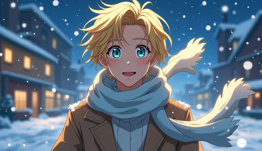 Young man, , with golden pastel blonde hair, skin fair, blue-green heterochromia in the eyes, one eye of each color, crystal blue left eye and aqua green right eye, medium hair flying to the side, messy bangs flying to the side, coat and scarf flying, snow on the street and on clothes, snowy city in the background, stary night, strong wind making clothes and hair fly in the same direction, slightly surprised and happy expression, close no rosto, front angle, 2D anime. FULL HD IMAGE, ultra detaild