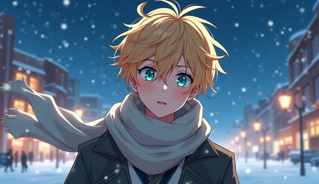 Young man, , with golden pastel blonde hair, skin fair, blue-green heterochromia in the eyes, one eye of each color, crystal blue left eye and aqua green right eye, medium hair flying to the side, messy bangs flying to the side, coat and scarf flying, snow on the street and on clothes, snowy city in the background, stary night, strong wind making clothes and hair fly in the same direction, slightly surprised and happy expression, close no rosto, front angle, 2D anime. FULL HD IMAGE, ultra detaild