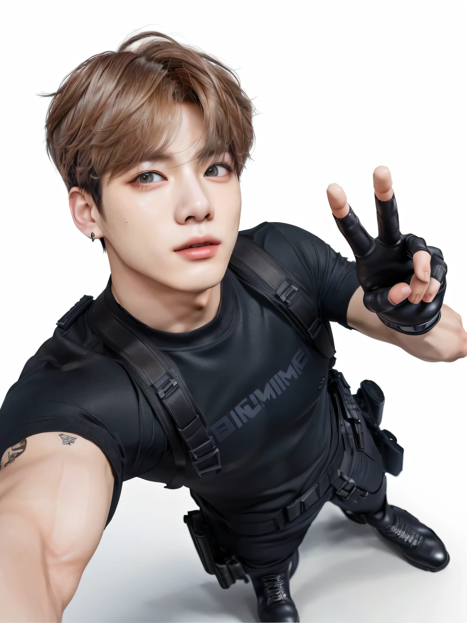 there is a man with a gun and a glove on, jimin, park jimin, sakimichan, 3 d render of jerma 9 8 5, jungkook, action pose, shooting pose, [ realistic photography ], t pose, accurate jimin face, [ realistic photo ]!!, 3d character realistic, dramatic smirk pose, cai xukun, jung jaehyun