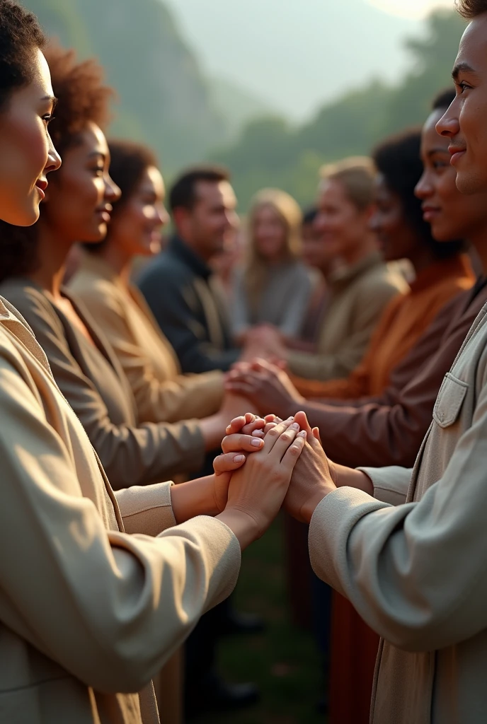 several different people holding hands in a realistic front