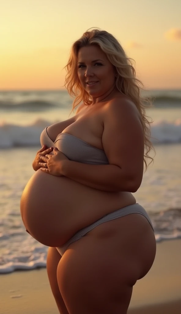 chubby, fat blonde, big belly, very sexy, 90D, (Meilleure qualité,4k,8k,haute résolution,chef-d'œuvre:1.2),ultra-détaillé,(Réaliste,photoRéaliste,photo-Réaliste:1.37),HDR,éclairage de studio,visage et corps extrêmement détaillés, portrait,Éclairage cinématographique,Éclairage dramatique,tons de couleurs chaudes,couleurs dramatiques, leg spread, at the beach, holding her huge chest