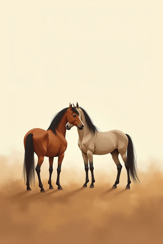 Minimalist landscape coffee painting of two horses with their heads touching romantically