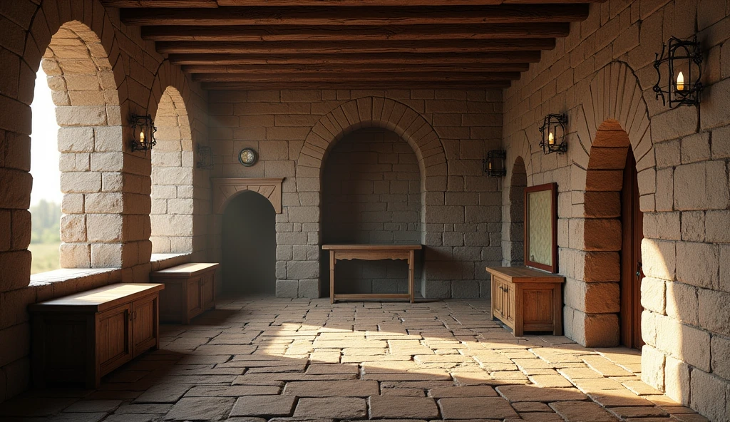 Create a highly realistic 3D rendering of a medieval game setting. The scene must be horizontal medieval room interior Natural Lighting: Use soft lighting that highlights the textures of stone and wood, creating realistic shadows that add depth to the scene.