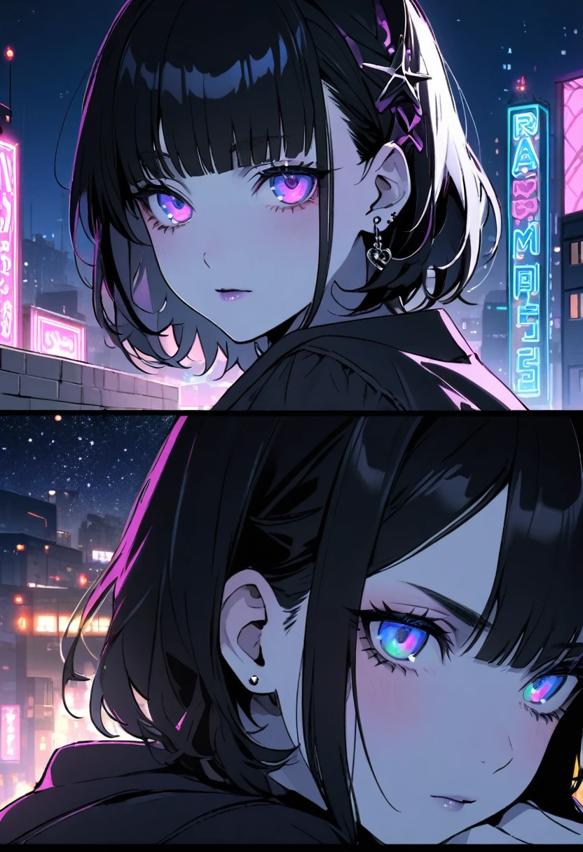 ((Building rooftop: 1,3)), ((Gothic_punk, Solitary, Medium shot, Take a walk on the rooftops of Harajuku, ((night)), Vague, Neon lights, iridescent eyes, Starry Sky, Shiny black hair, White eyebrows, Shiny hair, (Iridescent black hair), Earring, OK, Jewelry, Dull bangs, Busy eyes, Background Vague, Vague, Hair accessories, gaze, short hair, portrait, Side Lock rest ((Swedish girl, White skin, Caucasian)),((Women's work clothes:1.3)), rest (Gal: 1. 1),(charm: 1. 3),(night),(Supermodel: 1.3)),rest ((earring, ring)), Cowboy shooting,((Tall people)),((Android)),((look up)),((Top corner:1. 3)), from above, Looking at the camera,((Activities)),((Thin through)) Bodycon bra with shoulder straps))a black cat