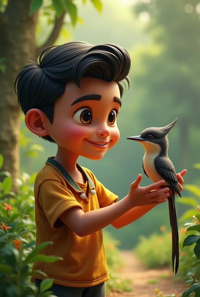 Peruvian boy with a side-parted hairstyle playing with the bird Mimus longicaudatus
