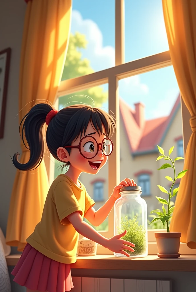 A town young big girl with specs and tied hair in a ponytail wearing tshirt and mini skirt. She place the jar on her windowsill where it would get plenty of sunlight. 