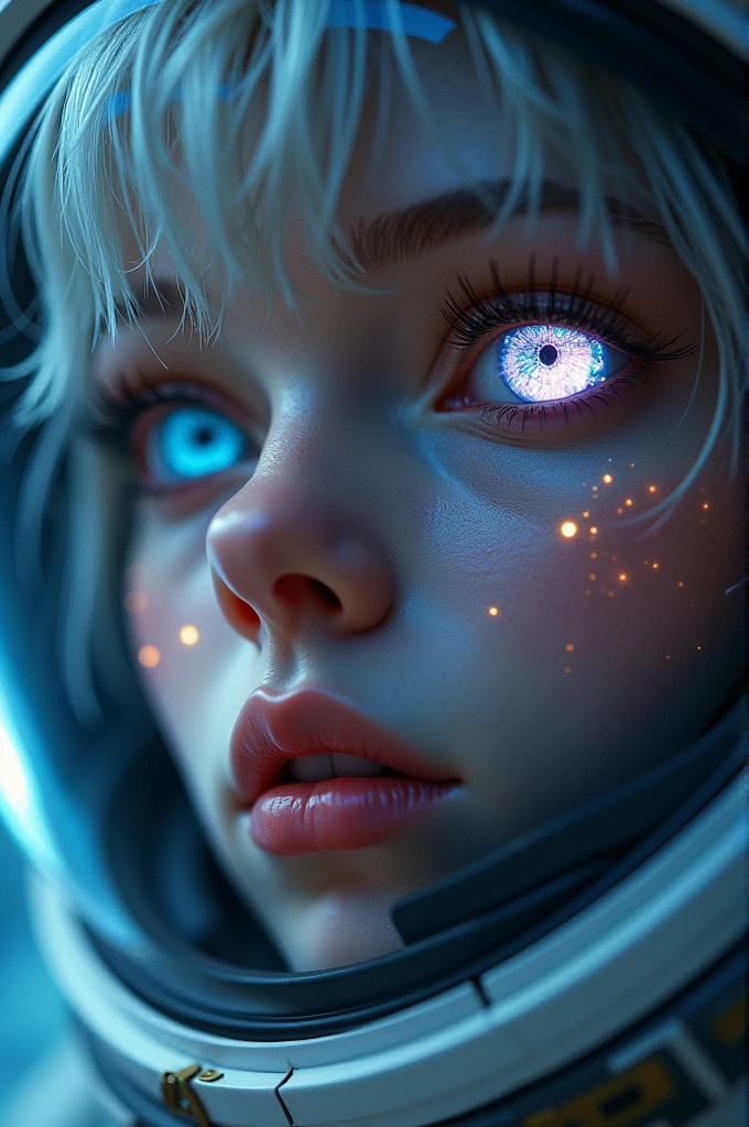 (Close-up of a better masterpiece:1.5)0.9], (Space and astronauts:1.2) (Messy silver hair:1.1) (Heterochromia xanthochromia and blue eyes:1.2) (Space Helmet:1.0) (Colored stars in the eyes:1.0) (A radiant glow:1.1) (thick lips:0.9)
