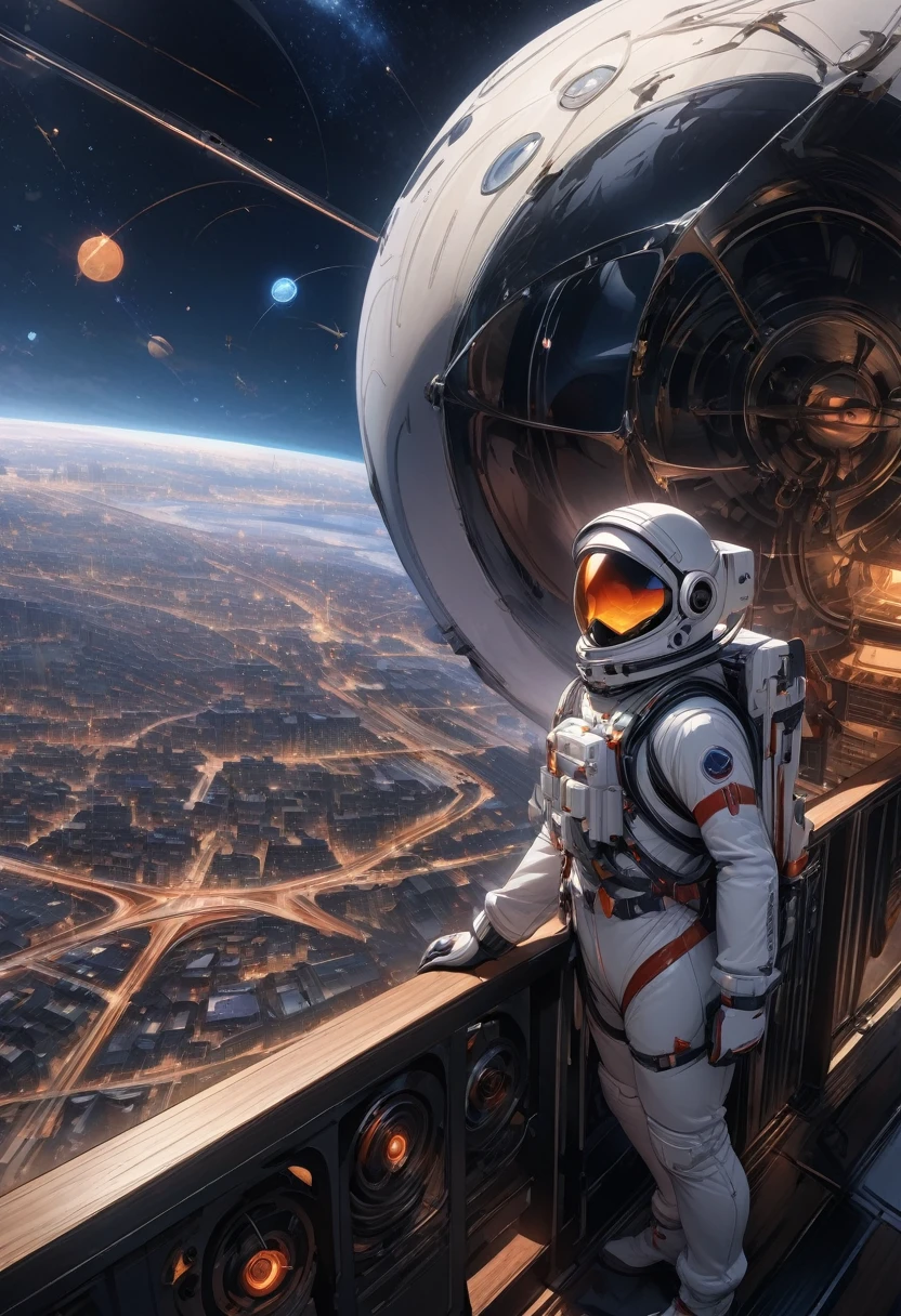 (Highest quality, 4K, Super detailed, High resolution, masterpiece: 1.2),Characters seen from afar: There are characters that can be seen from afar, Located on a high observation deck. Small compared to the surrounding area, Emphasize the size of the ship. The character is wearing a space suit, With flashing lights and mechanical details.
Space View: From the opening of the ship, A vast starry sky can be seen. The stars are unevenly distributed, Create a variety of densities、Suggests the distance of some celestial objects.
