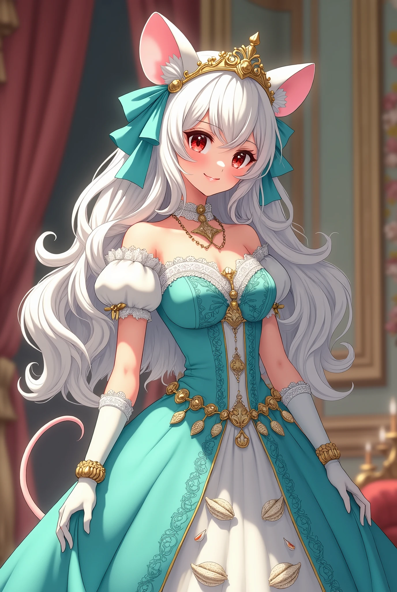 (best quality,4k,8k,highres,masterpiece:1.2), ultra-detailed, Pretty albino girl has a princess, drawn in 2D anime style, steampunk, wearing a turquoise and white princess gown with puffy sleeves, steampunk, gorgeous frilly dress design,flowing gown, elaborate lace details,rich textures,contrast stitching,delicate ribbon bows, seashells embroidery, full skirt with fish scales pattern,short sleeves,fitted waistline,flared cuffs,lace-up back,luxurious fabrics,flawless silhouette, long curly white hair and red eyes, white fur, smiling, mouse ears and tail, ribboned high heels, white elbow evening gloves, gold bracelets, tiara made of seashells, beautifully detailed lips with lipstick, long eyelashes, eyeshadow, seashell necklace, in a castle bedroom with intricate decoration and luxurious furniture, flower wallpaper, she is happily checking her new princess dress.