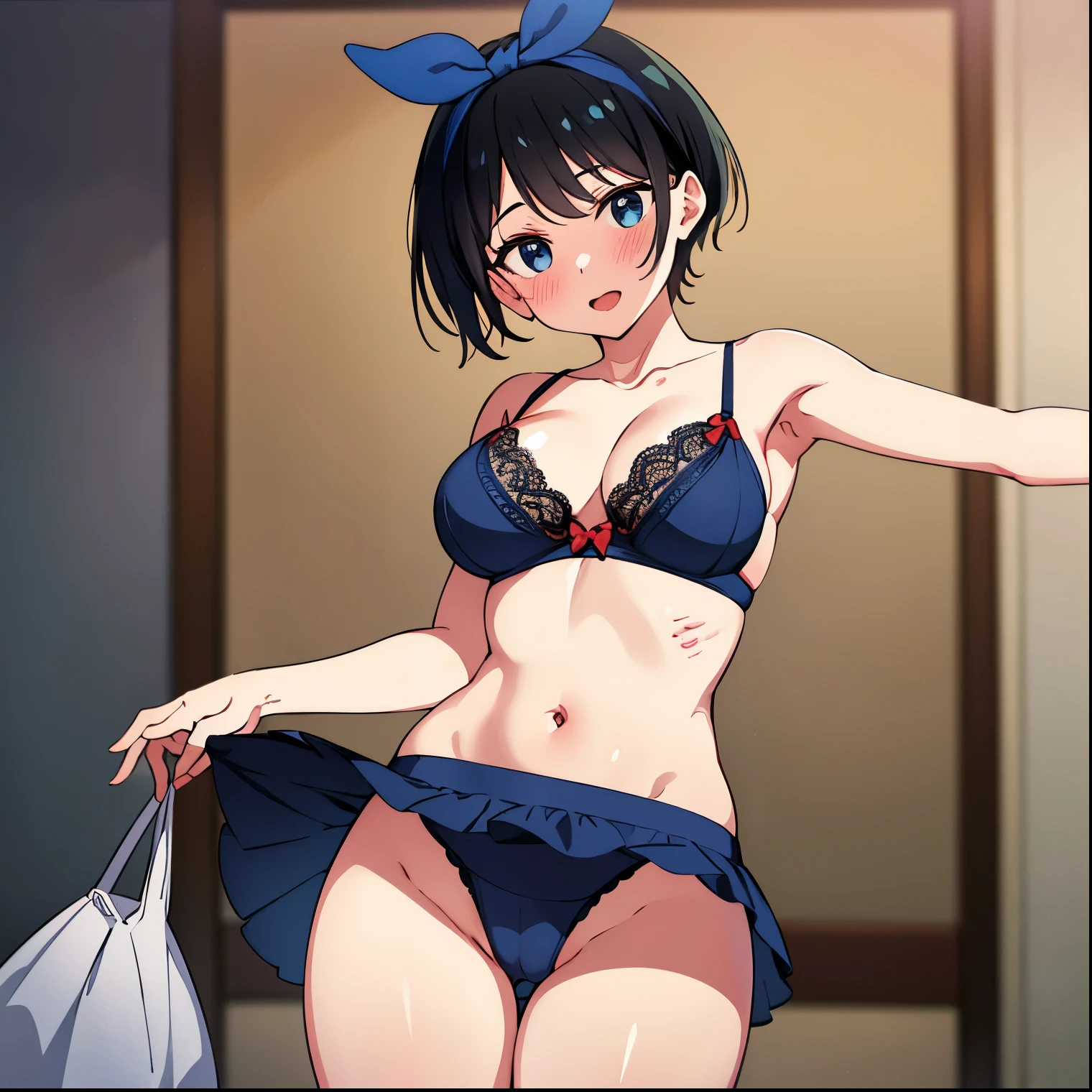 1girl,alone,ruka sarashina,main piece,high quality,high resolution,jewelry,a woman with dark hair,short hair,black hair,held chest,pyjamas,parted lips,blue eyes,blue lingerie with lace ,two lingerie piece, black pantyhose, exposed navel, bare shoulders, Indian style, laugh, open mouth, blushing, head tilt, interior, Japanese apartment, bow, bow, blue hair band, bangs, big full breasts, waist stocking, medium hips, wide thighs, round butt, 1girl ,solo,cowboy photo, smile, seductive, embarrassed, dynamic pose, sexy body, detailed, detailed face, standing, looking at viewer, looking back, from below, focus on ass, point of view (from below), perfect anatomy perfect hands