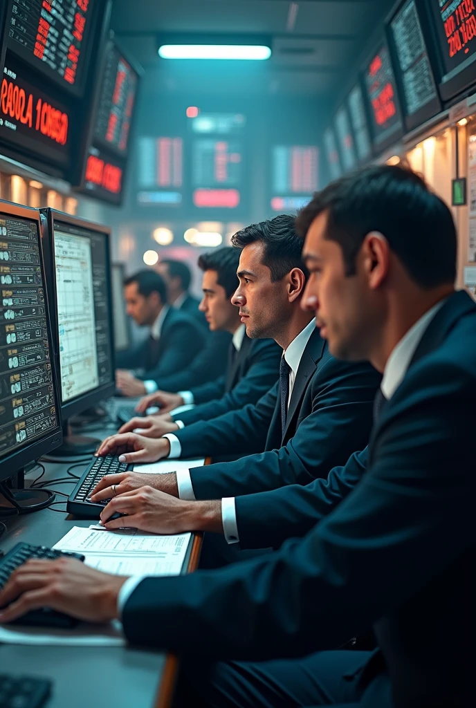 Stock market trading bay and sell men and small room computer setup for computer