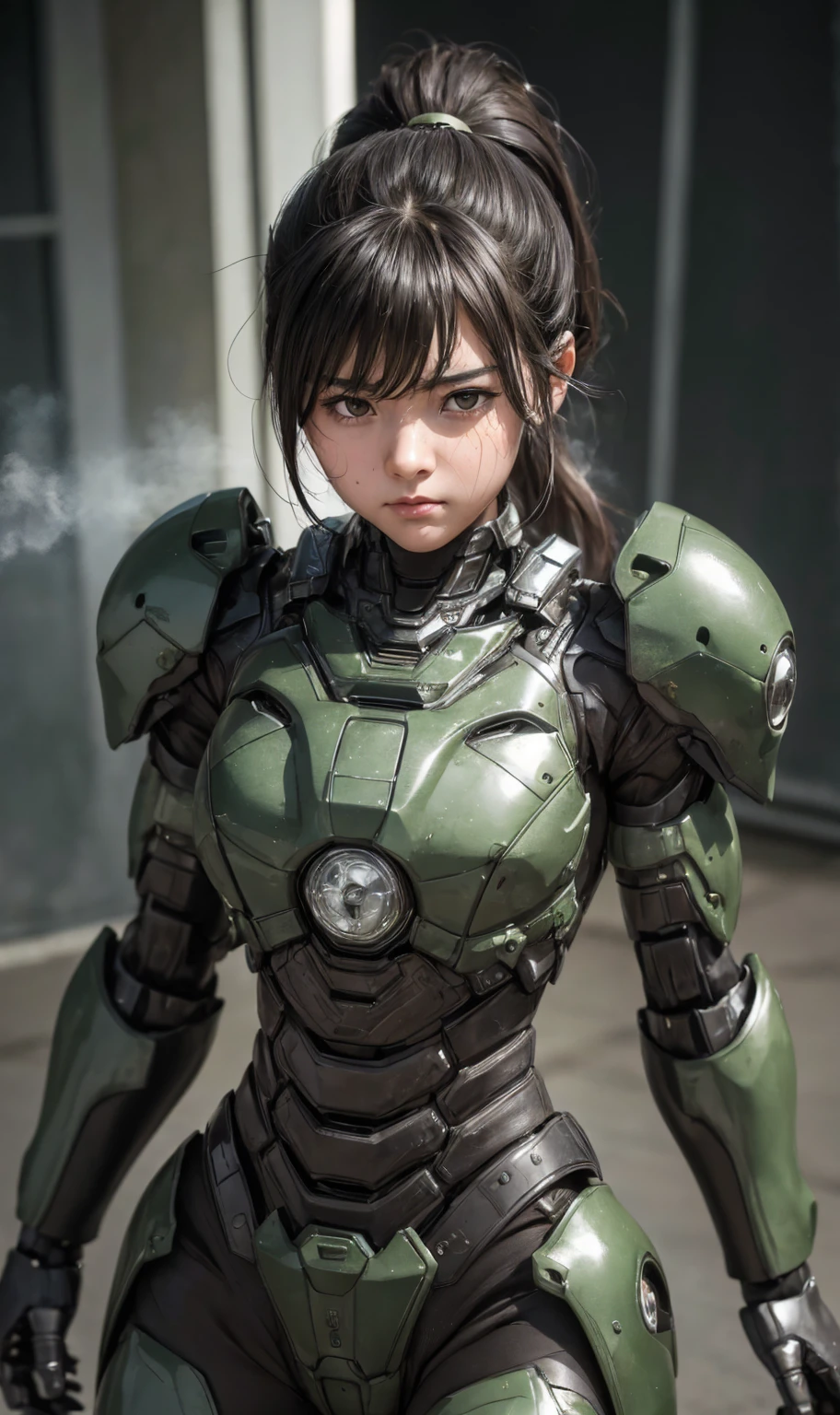 Textured skin, Very detailed, Attention to detail, high quality, 最high quality, High resolution, 1080P, hard disk, beautiful,(War Machine),beautifulサイボーグ女性,Dark Green Mecha Cyborg Girl,Fight,Girl with a mechanical body,、Plain junior high school girl ponytail、Sweaty brown eyes、Sweaty face、Expressions of distress blush cute Black-haired ((Steam coming out of my head)) (Steam coming out of the whole body) Cool pose