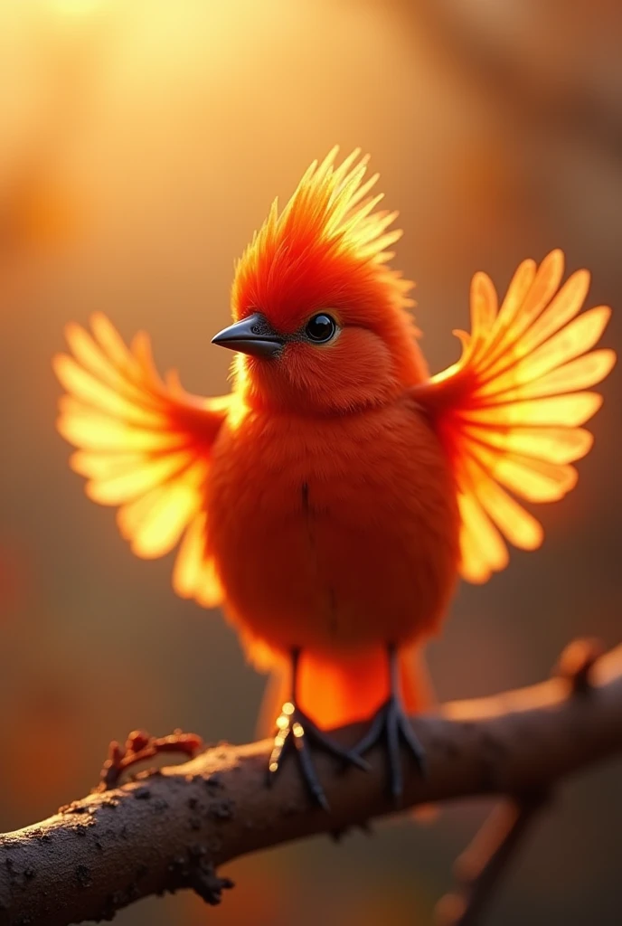 Fascinating close-up portrait of a beautiful little bird in soft light, Golden light of a quiet morning, The vibrant bokeh balls gently frame the delicate shape.. , The little bird is a beautiful, fiery red.., Extremely realistic photos, Beautiful and mysteriously luminous wings,