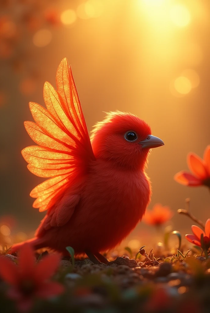 Fascinating close-up portrait of a beautiful little bird in soft light, Golden light of a quiet morning, The vibrant bokeh balls gently frame the delicate shape.. , The little bird is a beautiful, fiery red.., Extremely realistic photos, Beautiful and mysteriously luminous wings,