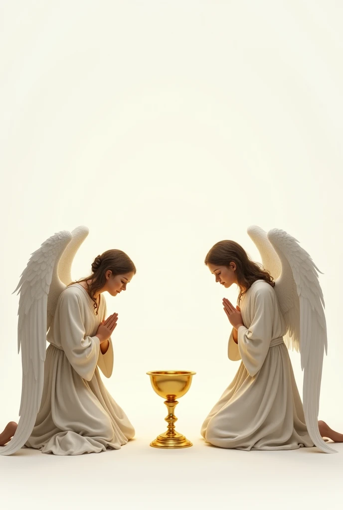 Two biblical archangels on their knees guard the chalice and a golden host on a white background, in the style of the painter william bouguereau.