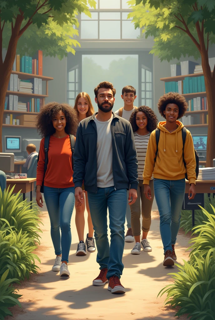 teacher leading a group of teenage students of all ethnicities from the front in a row, along a path where at the end there are study elements such as books and computers
