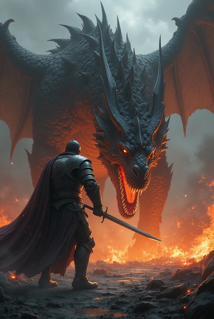 A knight in broken armor with a broken sword finishes off a bloody dragon . The earth around is ablaze with fire
