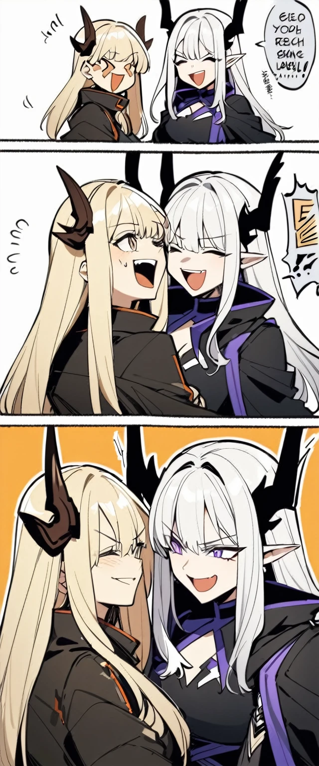 2woman yapping at each other,Reed and Eblana(from Arknights),both have dragon horns,meme face, laughing