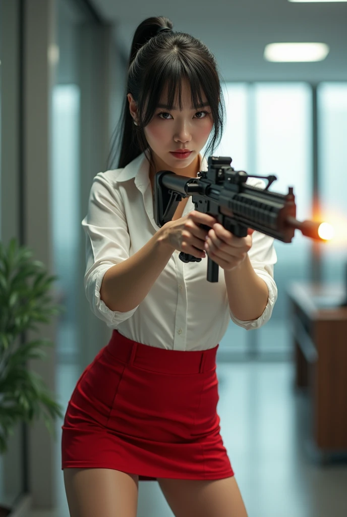 beautiful chinese office lady white shirt red mini skirt realistic machine gun toting hip firing real person legs apart standing rampage shooting serious expression side target
