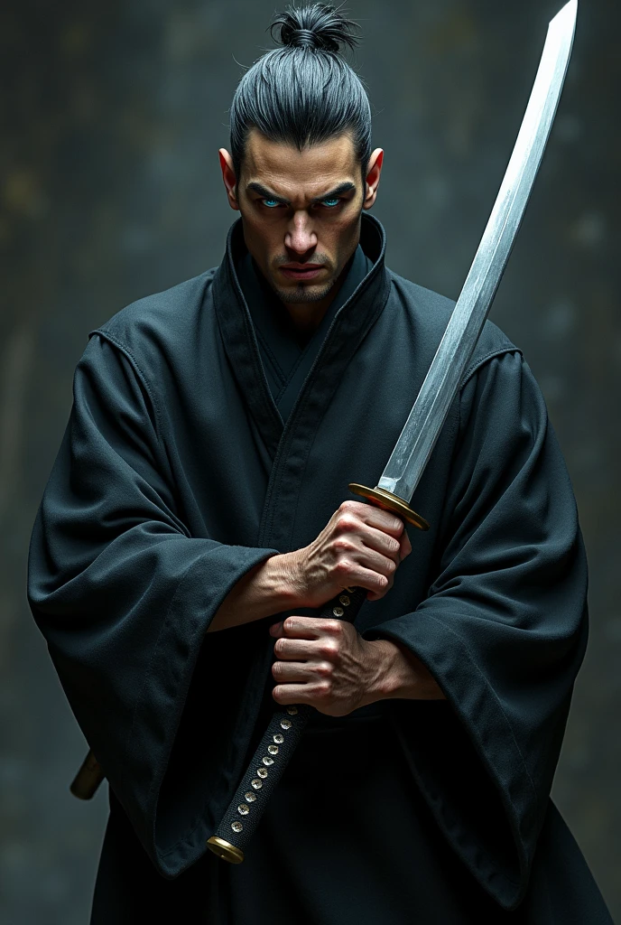 um homem adulto, with blue and green eyes, holding a katana, wearing black clothes