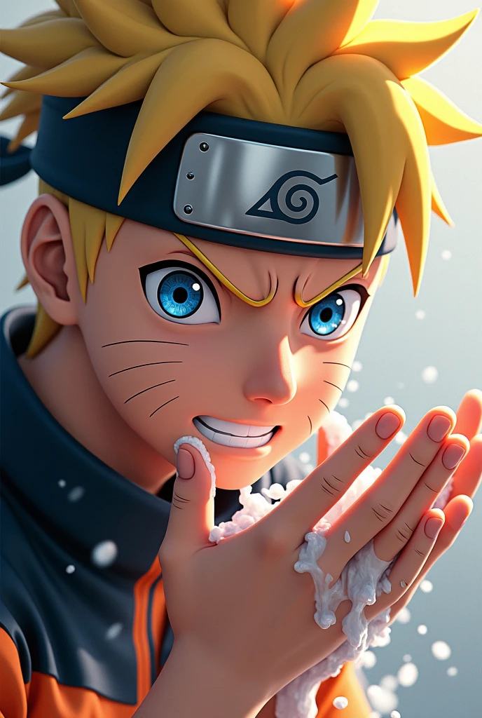 Naruto washing his face high realistic dridroplets flying and some on face hdr