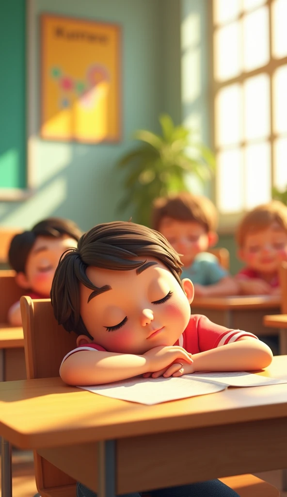 3d cartoon ; One extremely hot day some of the pupils fell asleep in the afternoon.
