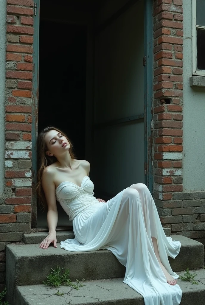 goddess laying on the doorstep of a dirty brick building 
