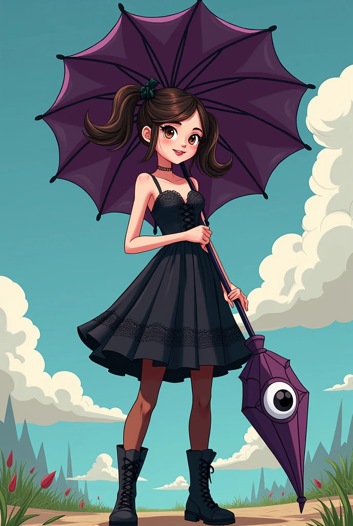 Create a Adventure Time OC that's  She had her hair styled in cute little pigtails, held together with black ribbons. She rocked a black gothic dress with spaghetti straps, adorned with lace. To complete her look, she wore brown pantyhose and knee-high black boots. Carrying a tall parasol in a deep shade of purple, adorned with a captivating eye emblem on its peak.