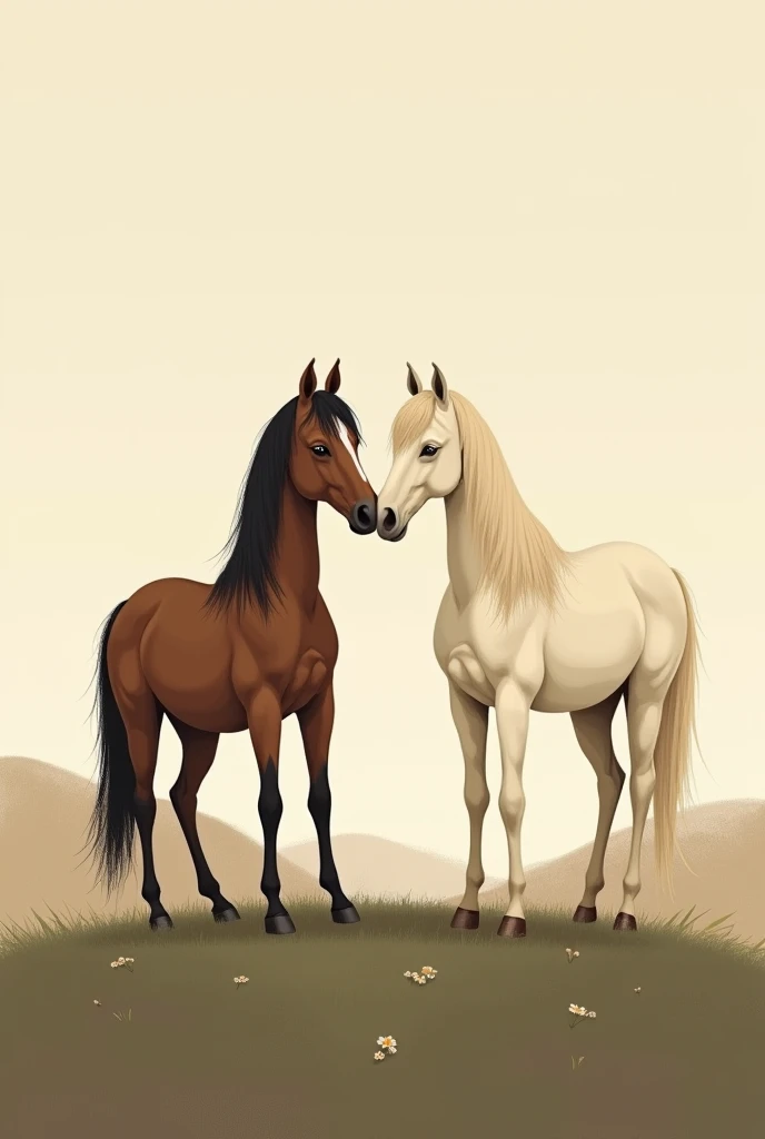 Minimalist landscape vintage painting of two horses facing the front with their heads touching romantically 