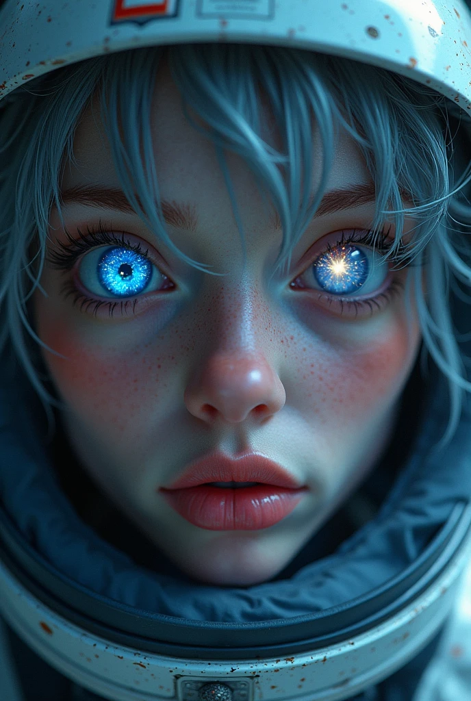 (Close-up of a better masterpiece:1.5)0.9], (Space and astronauts:1.2) (Messy silver hair:1.1) (Heterochromia xanthochromia and blue eyes:1.2) (Space Helmet:1.0) (Colored stars in the eyes:1.0) (A radiant glow:1.1) (thick lips:0.9)