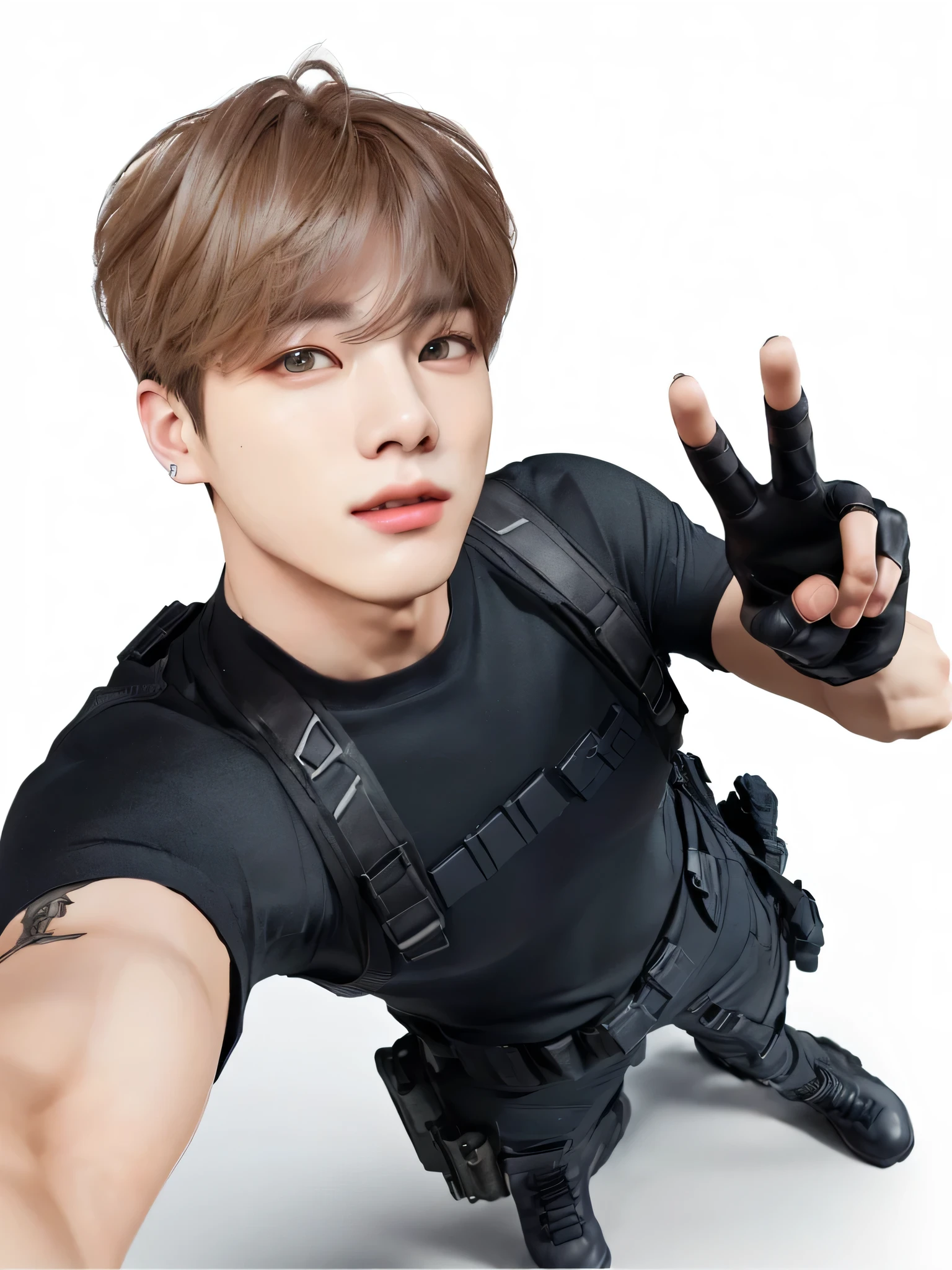 there is a man with a gun and a glove on, jimin, park jimin, sakimichan, 3 d render of jerma 9 8 5, jungkook, action pose, shooting pose, [ realistic photography ], t pose, accurate jimin face, [ realistic photo ]!!, 3d character realistic, dramatic smirk pose, cai xukun, jung jaehyun