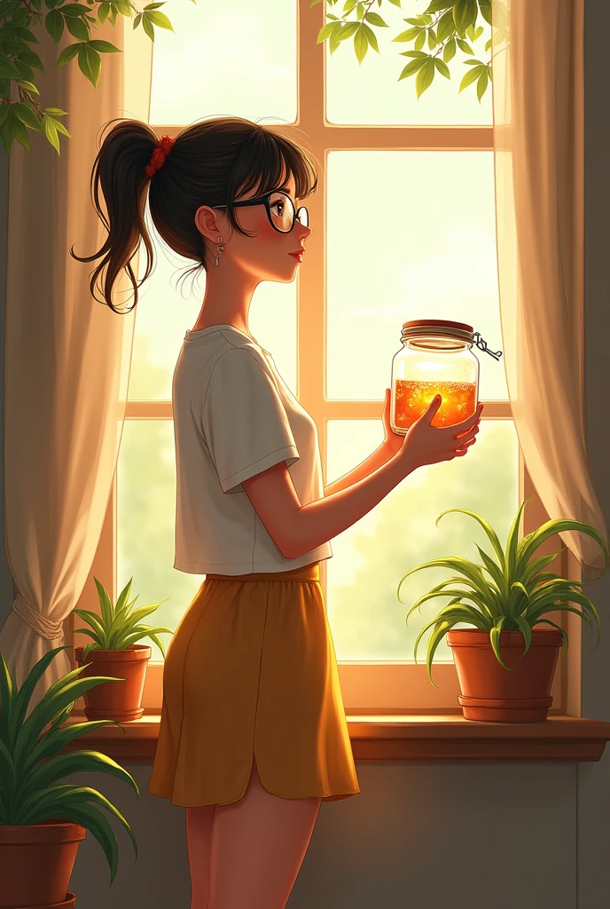 A town young big girl with specs and tied hair in a ponytail wearing white tshirt and mini skirt. She place the jar on her windowsill where it would get plenty of sunlight. 