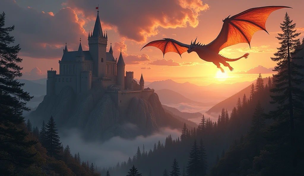 A (majestic:1.5) dragon soaring above a (grand:1.3) medieval castle on a (towering:1.4) mountain peak, with a (fiery:1.5) sunset in the background and (ominous:1.2) storm clouds gathering on the horizon. The castle is surrounded by a dense forest with (tall:1.3), (ancient:1.4) trees.
