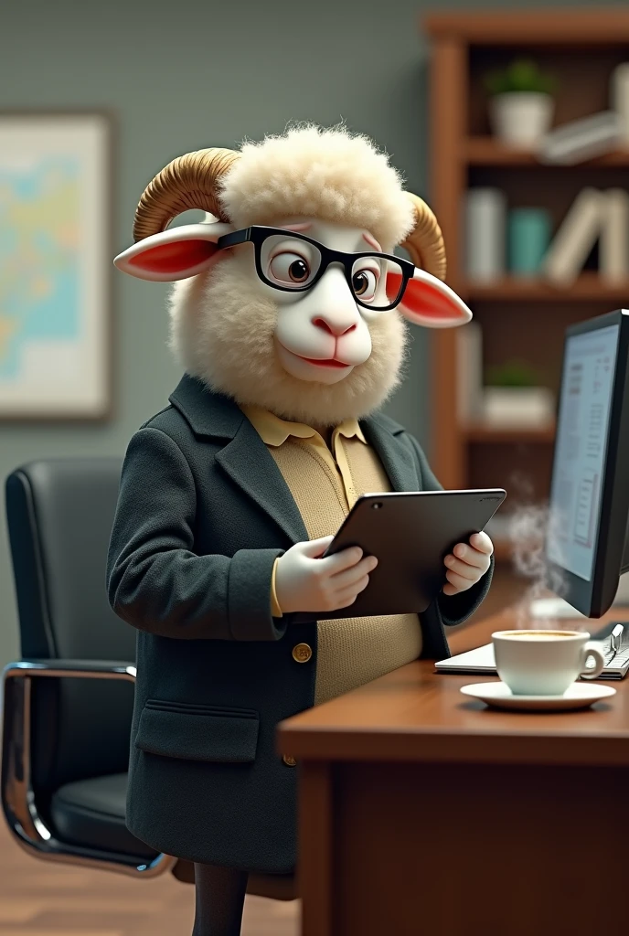 "Generate a hyper-realistic 8K cinematic image of a short, chubby sheep with glasses, dressed in professional office attire. The sheep stands beside a desk, holding a tablet in one hand. The setting is a well-lit office environment, with the desk featuring typical office items like a computer, documents, and a cup of coffee. The sheep's expression is focused and determined, capturing the essence of a diligent office worker. The overall scene should convey a blend of professionalism and charm, with attention to detail in the textures of the wool, clothing, and the office space."