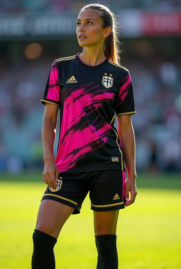 Make me a soccer uniform with a spectacular design with mostly black colors, pink and with gold details
