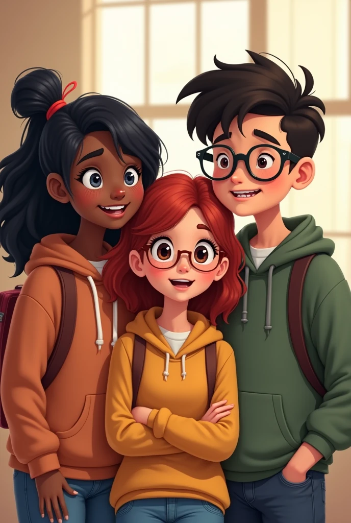 One black haired girl with big eyes, one red long red haired girl with glass, dental appliance and one black haired boy with glass classmate teenage friendship show cartoon