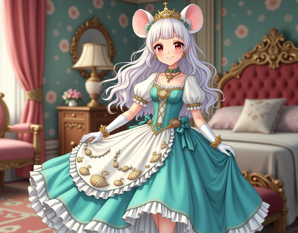 (best quality,4k,8k,highres,masterpiece:1.2), ultra-detailed, Pretty albino girl has a princess, drawn in 2D anime style, steampunk, wearing a turquoise and white princess gown with puffy sleeves, steampunk, gorgeous frilly dress design,flowing gown, elaborate lace details,rich textures,contrast stitching,delicate ribbon bows, seashells embroidery, full skirt with fish scales pattern,short sleeves,fitted waistline,flared cuffs,lace-up back,luxurious fabrics,flawless silhouette, long curly white hair and red eyes, white fur, smiling, mouse ears and tail, ribboned high heels, white elbow evening gloves, gold bracelets, tiara made of seashells, beautifully detailed lips with lipstick, long eyelashes, eyeshadow, seashell necklace, in a castle bedroom with intricate decoration and luxurious furniture, flower wallpaper, she is happily checking her new princess dress.