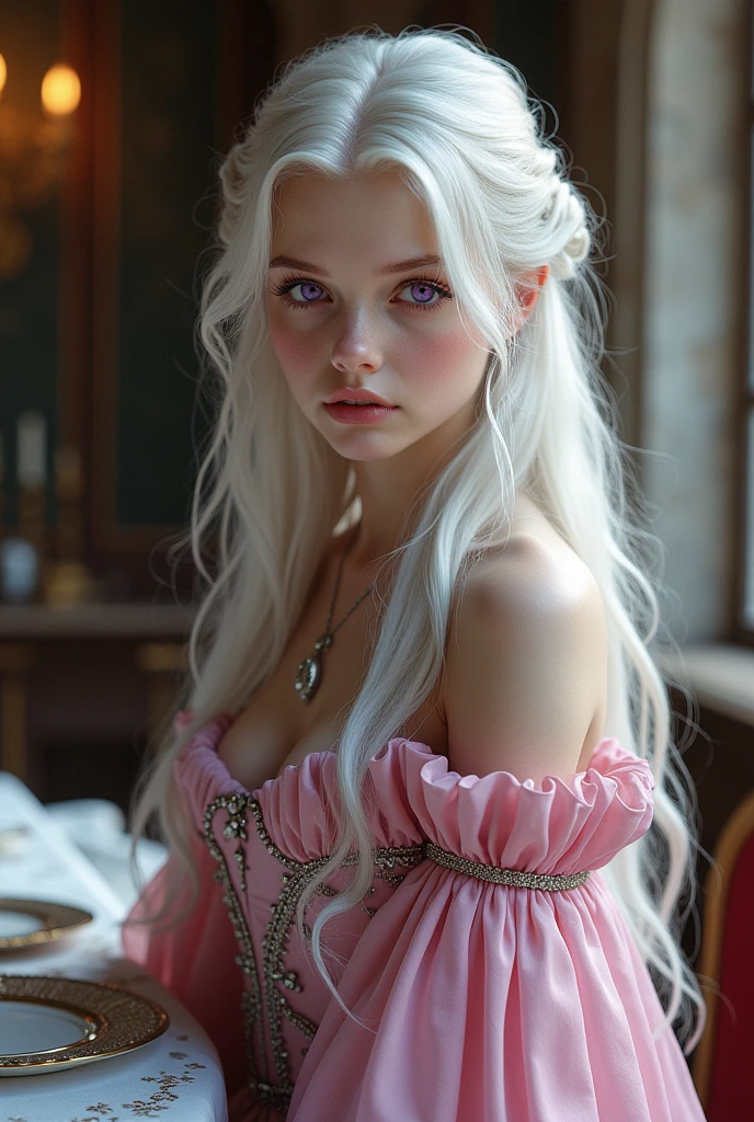 Make the image more realistic 
Make a young girl , she has long white hair and purple eyes, she has pale white skin, delicate features,she is very beautiful, attractive and sexy
she is in a medieval dining room, middle ages, she is wearing a beautiful long pink dress with silver details, a more formal dress 