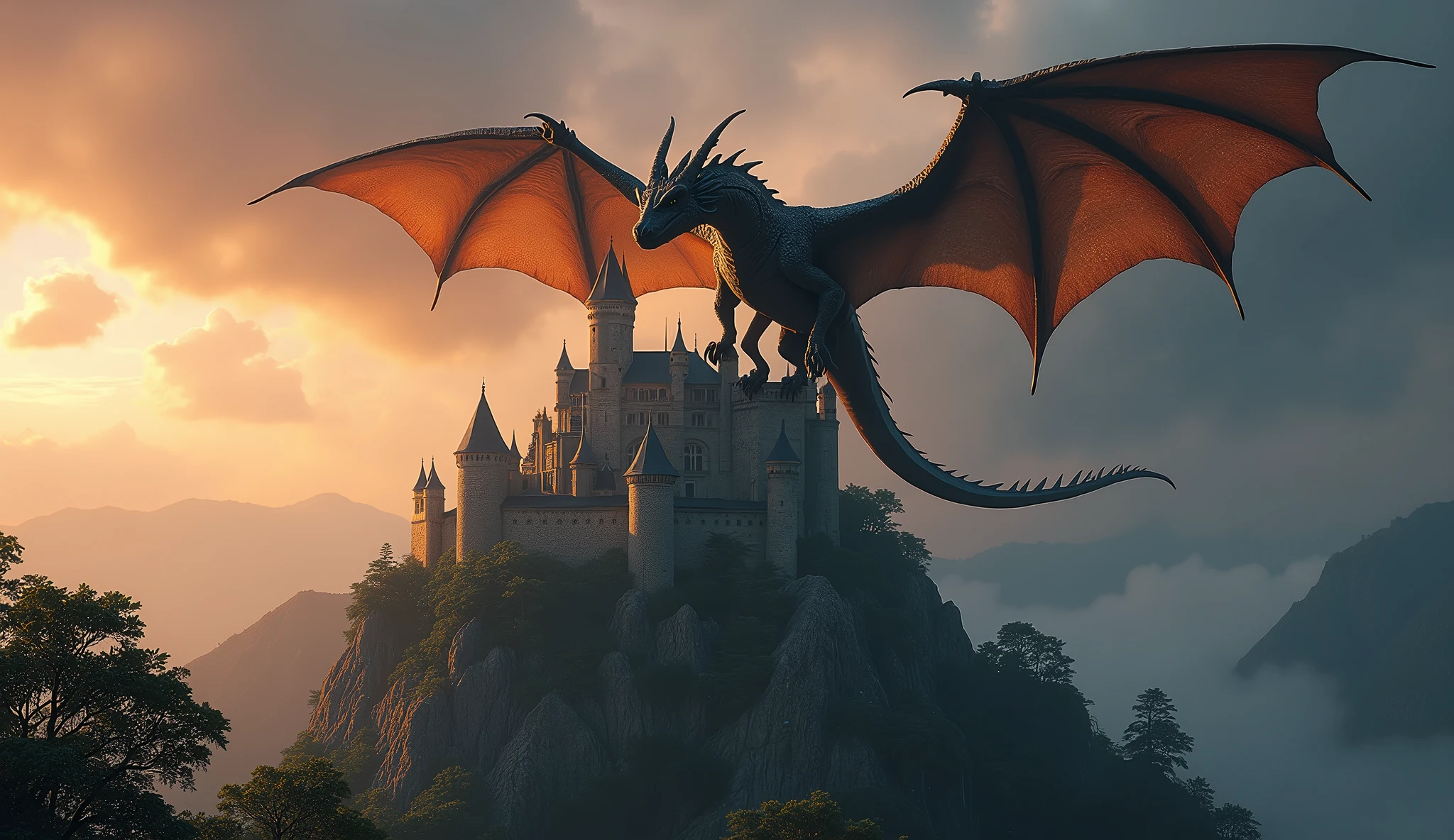 A majestic dragon soaring above a medieval castle on a mountain peak, with a fiery sunset in the background and storm clouds gathering on the horizon. The castle is surrounded by a dense forest with tall, ancient trees.