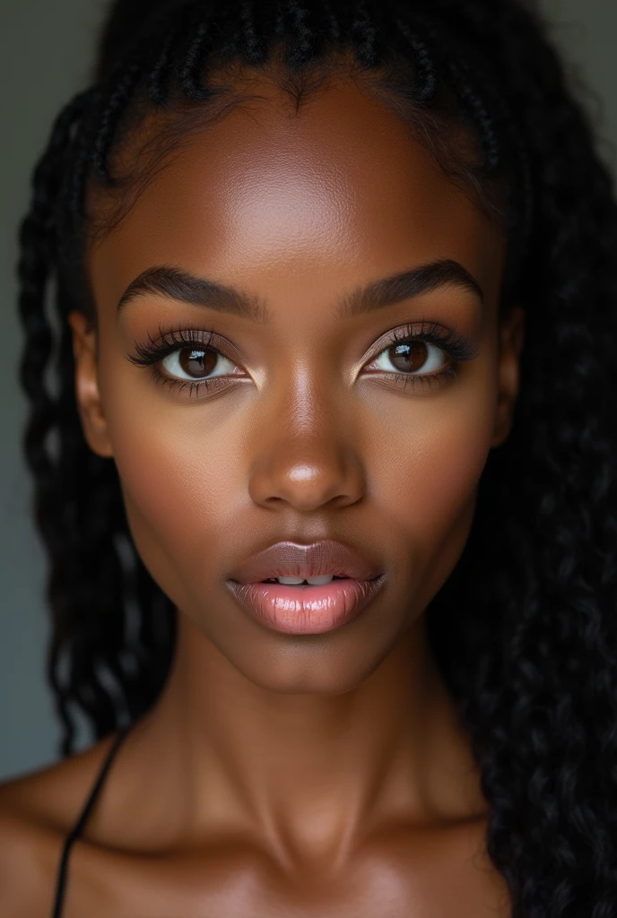 raw, realistic photo, Frontal close-up of 1 beautiful woman, of (2), American Nationality, black hair color, long afro curly hair tied up, Big Eyes, light brown eye color, small nose, perfect mouth with extremely full lips , natural face, naughty, excited and sensual face, texture and depth of highly detailed and hyper-realistic mulatto skin, superior quality, high resolution 8k uhd.