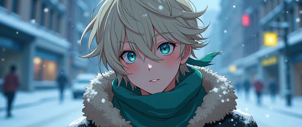 Young man, , with light pastel blonde hair, skin fair, blue-green heterochromia in the eyes, one eye of each color, crystal blue left eye and aqua green right eye, medium hair flying to the side, messy bangs flying to the side, coat and scarf flying, snow on the street and on clothes, snowy city in the background, stary night, strong wind making clothes and hair fly in the same direction, slightly surprised and happy expression, close no rosto, front angle, 2D anime. FULL HD IMAGE, ultra detaild