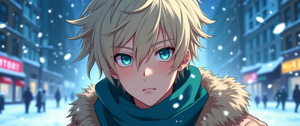 Young man, , with light pastel blonde hair, skin fair, blue-green heterochromia in the eyes, one eye of each color, crystal blue left eye and aqua green right eye, medium hair flying to the side, messy bangs flying to the side, coat and scarf flying, snow on the street and on clothes, snowy city in the background, stary night, strong wind making clothes and hair fly in the same direction, slightly surprised and happy expression, close no rosto, front angle, 2D anime. FULL HD IMAGE, ultra detaild