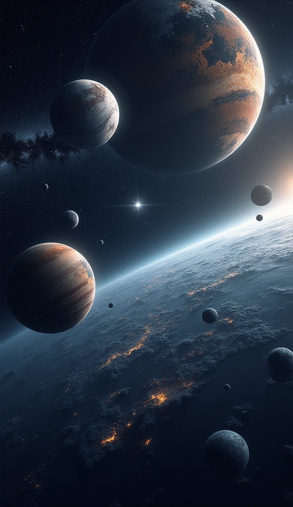 a view of the starry sky with planets orbiting it, sci-fi, masterpiece, high quality, ultra hd
