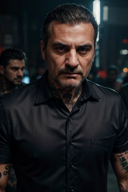 Late middle-aged Italian thug, tattooed knuckles, open necked silk shirt, expensive suit. Close-cropped greying hair, close cropped stubble on his face. Hard edged, vicious, cruel expression on his face. Setting is an empty night club, before opening time.
