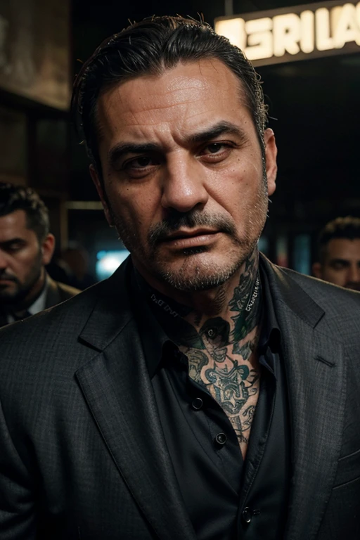 Late middle-aged Italian thug, tattooed knuckles, open necked silk shirt, expensive suit. Close-cropped greying hair, close cropped stubble on his face. Hard edged, vicious, cruel expression on his face. Setting is an empty night club, before opening time.
