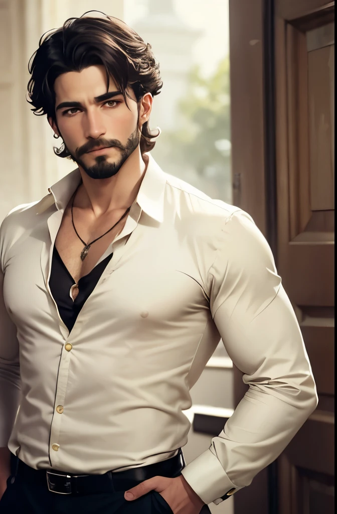 Create an image of a 30-year-old bourgeois man with a charming and flirtatious demeanor. He has a small, thin mustache curled at the ends, wears earrings, and is dressed in fine, light-colored clothing. His hair is black, his skin is fair, and he wears a delicate necklace. The man has a slight resemblance to a French aristocrat, exuding elegance and sophistication