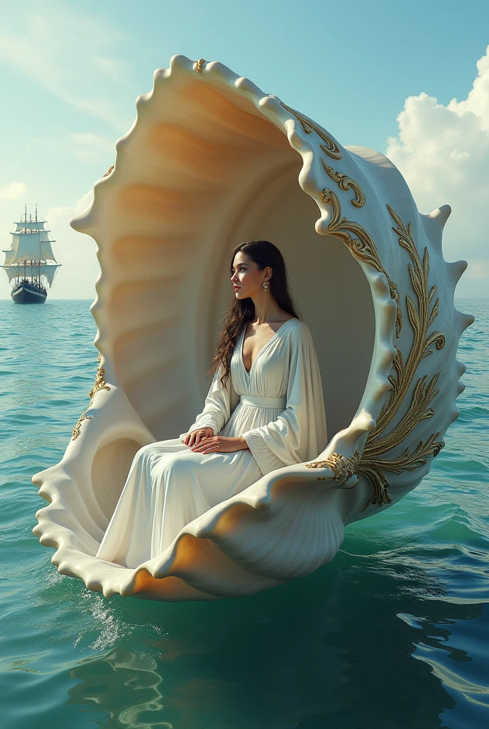 A mythical woman sits in a giant shell by the sea, with a ship in the background, evoking a serene, fantastical scene.
