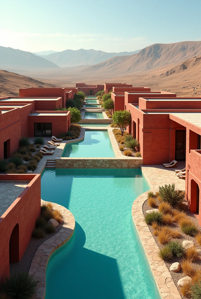 The design of a tourist resort with a modernized Iranian architectural style in a cold and dry climate on topography with a landscape with red and turquoise brick materials with a swimming pool and a parametric view