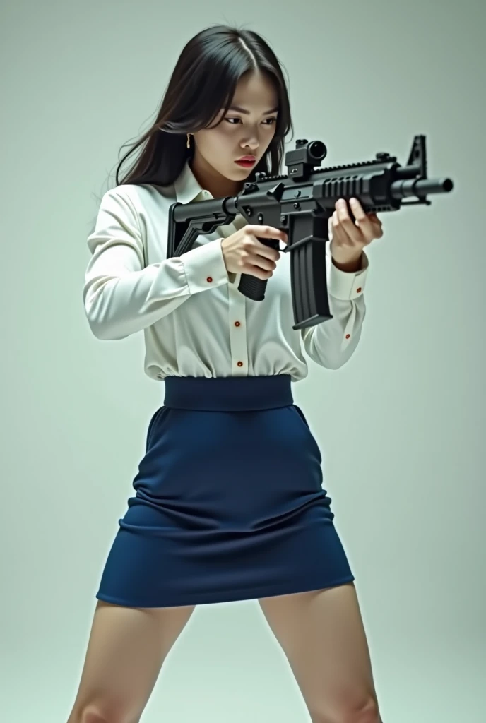beautiful chinese office lady white shirt blue mini skirt realistic machine gun toting hip firing real person legs apart standing rampage shooting serious expression side target


