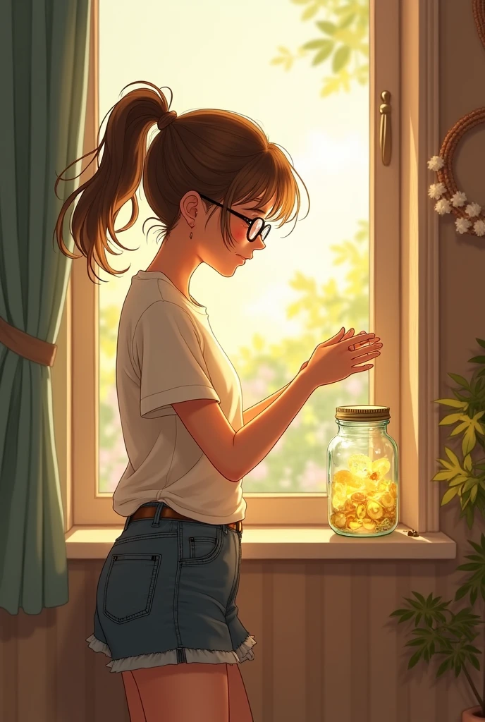 A town young big girl with specs and tied hair in a ponytail wearing white tshirt and mini skirt. She place the jar on her windowsill where it would get plenty of sunlight. 